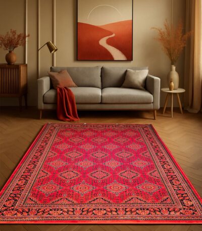 • فارسی: فرش افشار لاکی ۷۰۰ شانه در دکوراسیون سنتی ایرانی • English: Afshar Laki 700 Reeds Polyester Carpet in Persian traditional interior