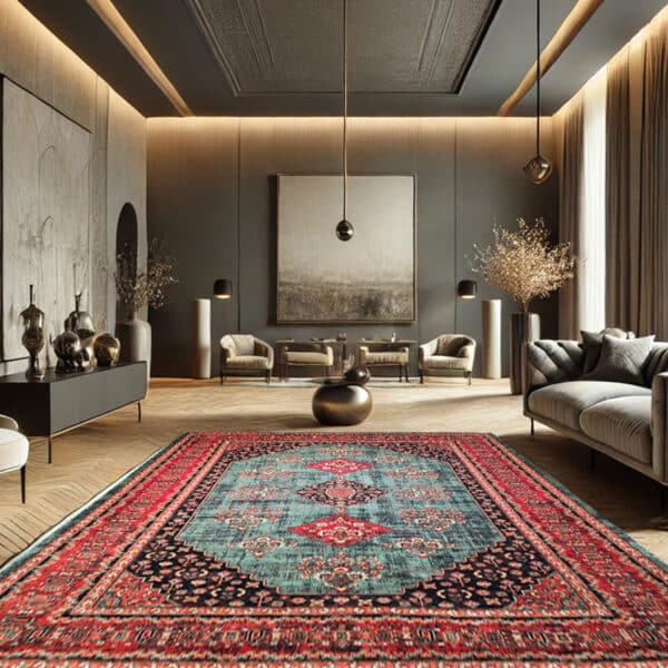 • فارسی: فرش پریسا سبز ۷۰۰ شانه در دکوراسیون ایرانی مدرن • English: Parisa Sabz 700 Reeds Polyester Carpet in modern Persian interior