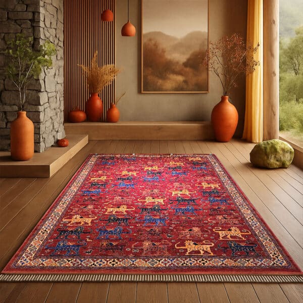 • فارسی: فرش شیران لاکی ۷۰۰ شانه در دکوراسیون ایرانی سنتی • English: Shiran Laki 700 Reeds Polyester Carpet in Persian traditional interior