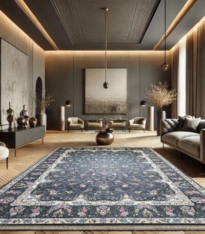 ALT: فرش افرا نقره‌ای ۷۰۰ شانه در دکوراسیون مدرن – Afra silver carpet 700 reeds in modern interior