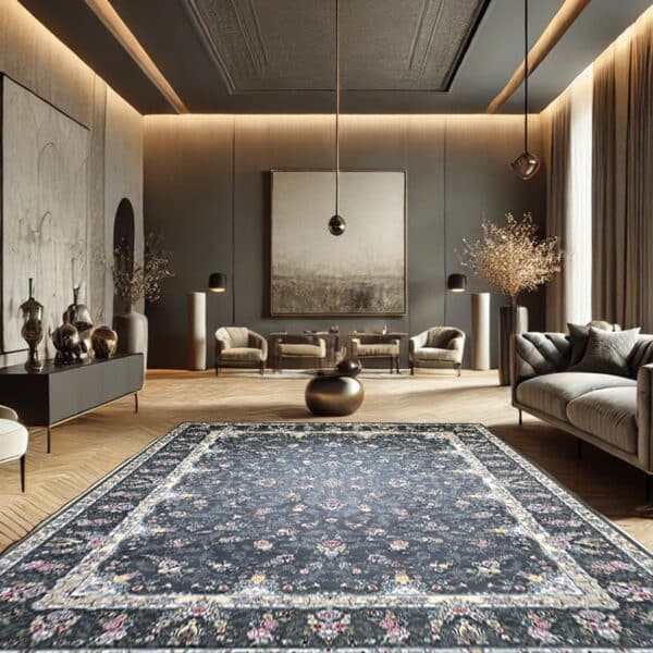 ALT: فرش افرا نقره‌ای ۷۰۰ شانه در دکوراسیون مدرن – Afra silver carpet 700 reeds in modern interior