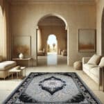 ALT: فرش شیدا نقره‌ای ۷۰۰ شانه در دکوراسیون کلاسیک – Sheida silver carpet 700 reeds in luxury interior