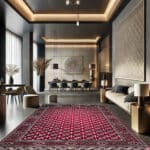 ALT: فرش ترکمن لاکی ۷۰۰ شانه در دکوراسیون مدرن – Torkaman Laki red carpet 700 reeds in luxury interior
