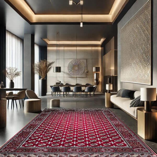 ALT: فرش ترکمن لاکی ۷۰۰ شانه در دکوراسیون مدرن – Torkaman Laki red carpet 700 reeds in luxury interior