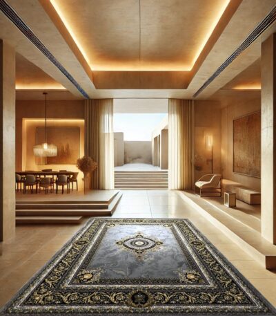 ALT: فرش ژینوس نقره‌ای ۷۰۰ شانه در دکوراسیون کلاسیک – Zhinous silver carpet 700 reeds in classic room