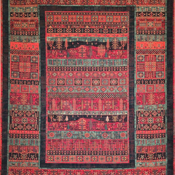 • فارسی: فرش ماشینی سروستان لاکی ۷۰۰ شانه تراکم ۲۰۰۰ با طرح مستطیلی • English: Sarvestan Laki 700 Reeds Polyester Carpet, rectangular Persian design