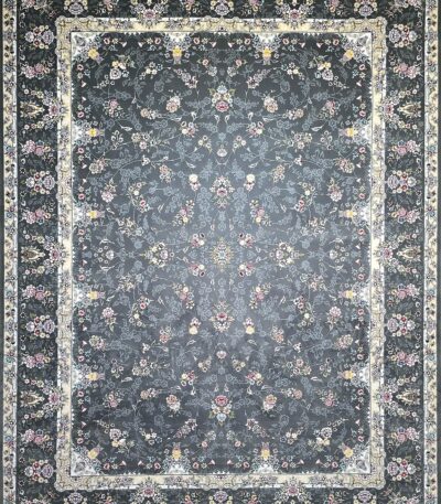 ALT: فرش افرا نقره‌ای با ترنج مرکزی و حاشیه کلاسیک – Afra silver rug with central medallion