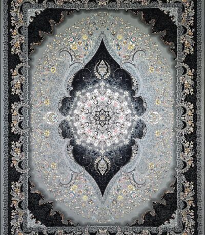 ALT: فرش شیدا نقره‌ای با ترنج مرکزی – Sheida silver rug with medallion design