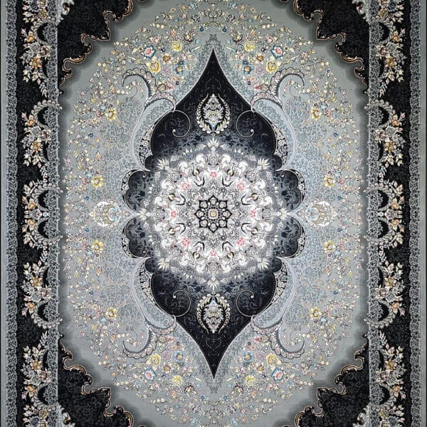 ALT: فرش شیدا نقره‌ای با ترنج مرکزی – Sheida silver rug with medallion design