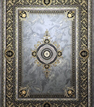 ALT: فرش ژینوس نقره‌ای با زمینه نقره‌ای روشن – Zhinous silver rug with bright silver background
