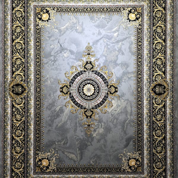 ALT: فرش ژینوس نقره‌ای با زمینه نقره‌ای روشن – Zhinous silver rug with bright silver background