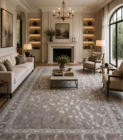 فرش لوتوس | فرش افشان طوسی نقره‌ای با نقوش گلستانی